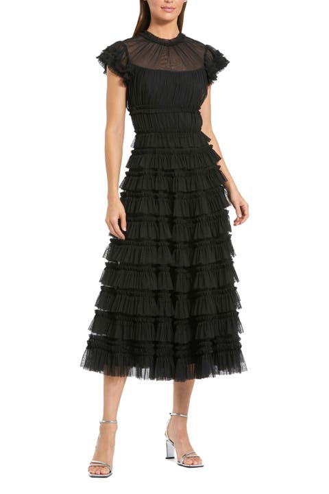 Women's Ruffle High Neck Cap Sleeve Midi Dress