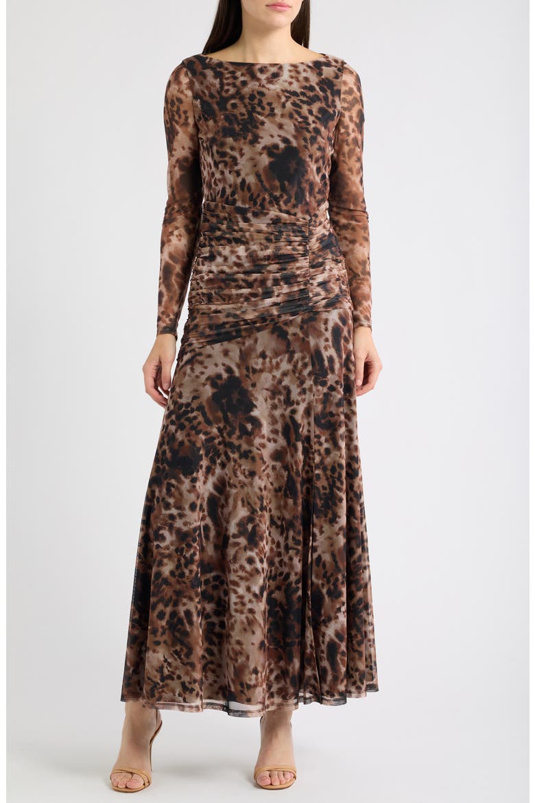 Print Long Sleeve Maxi Dress, Main, color, BLACK BROWN