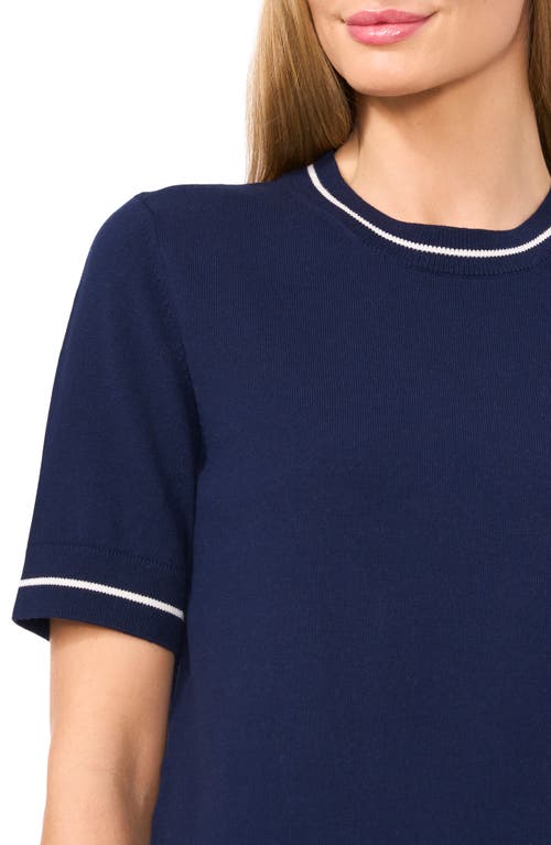 Cece Tipped Short Sleeve Cotton Sweater In Blue