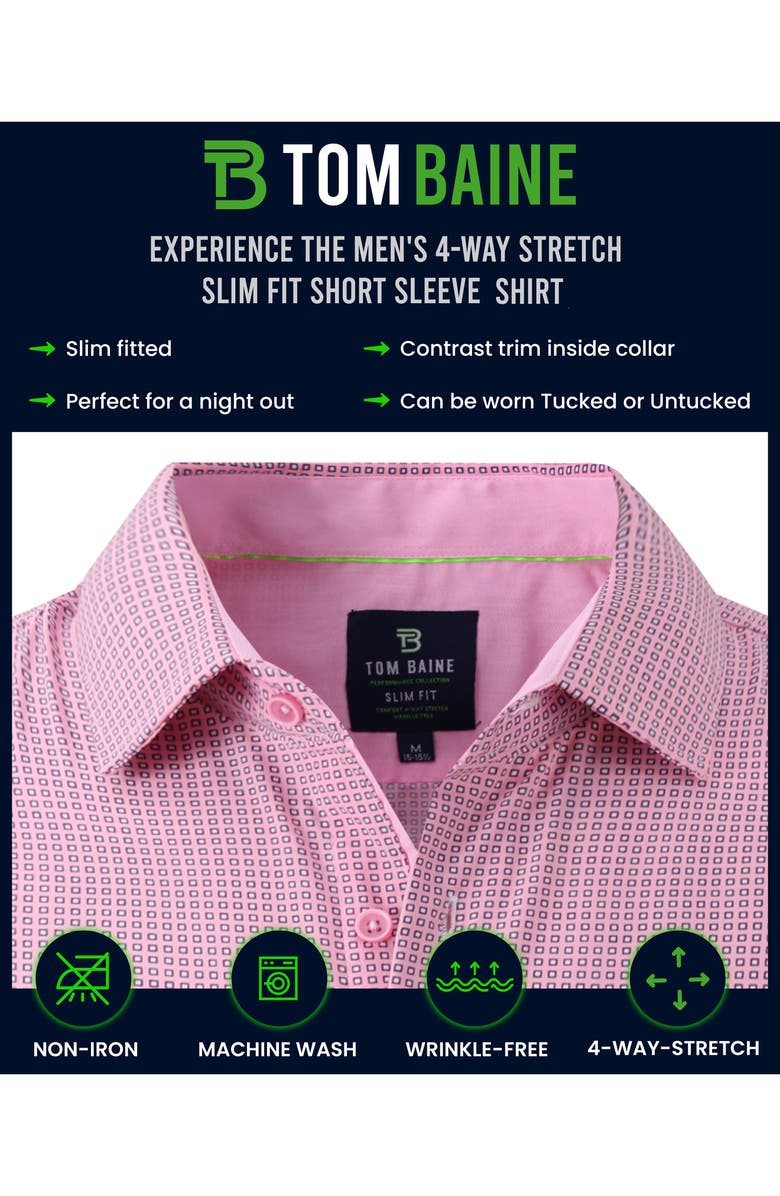 TOM BAINE Slim Fit Short Sleeve Performance Stretch Button-Up Shirt, Alternate, color, Pink