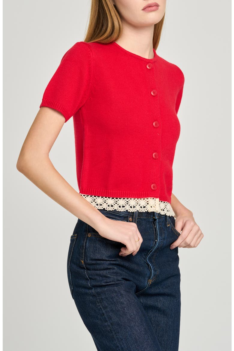 Carine Lace Trim Button Front Cardigan, Alternate, color, RED