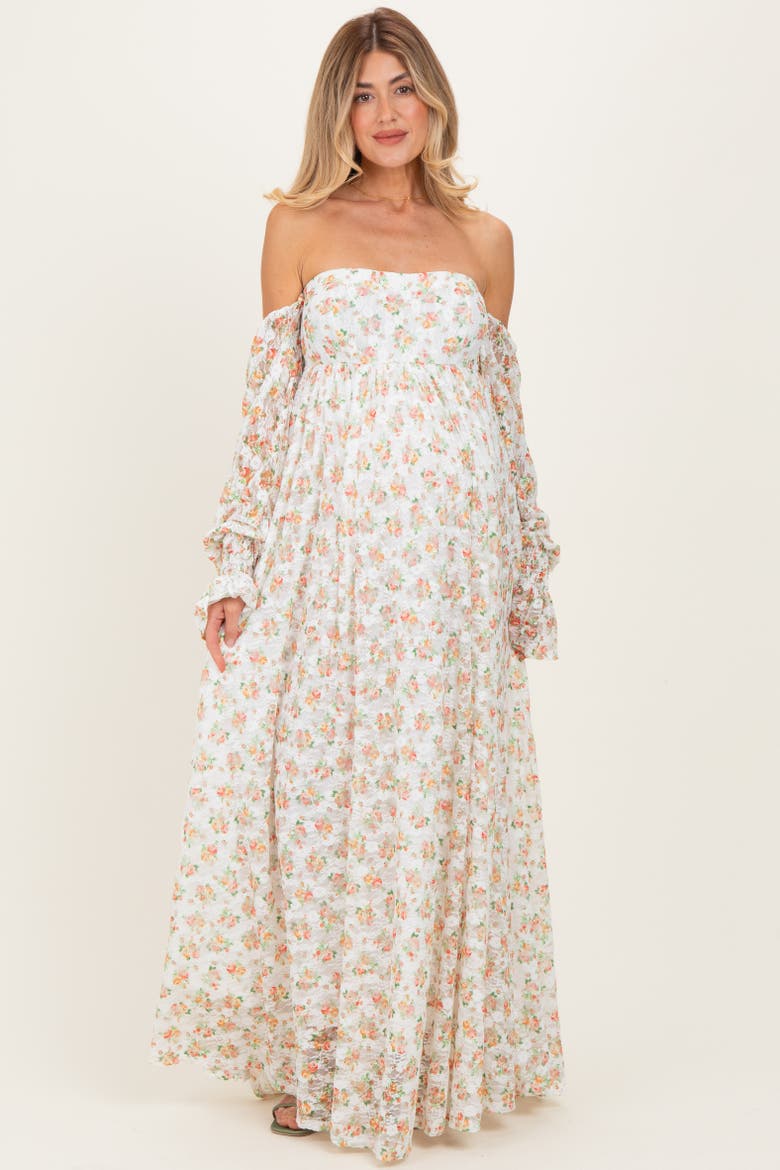 Floral Lace Smocked Long Sleeve Off Shoulder Maxi Dress, Alternate, color, Orange