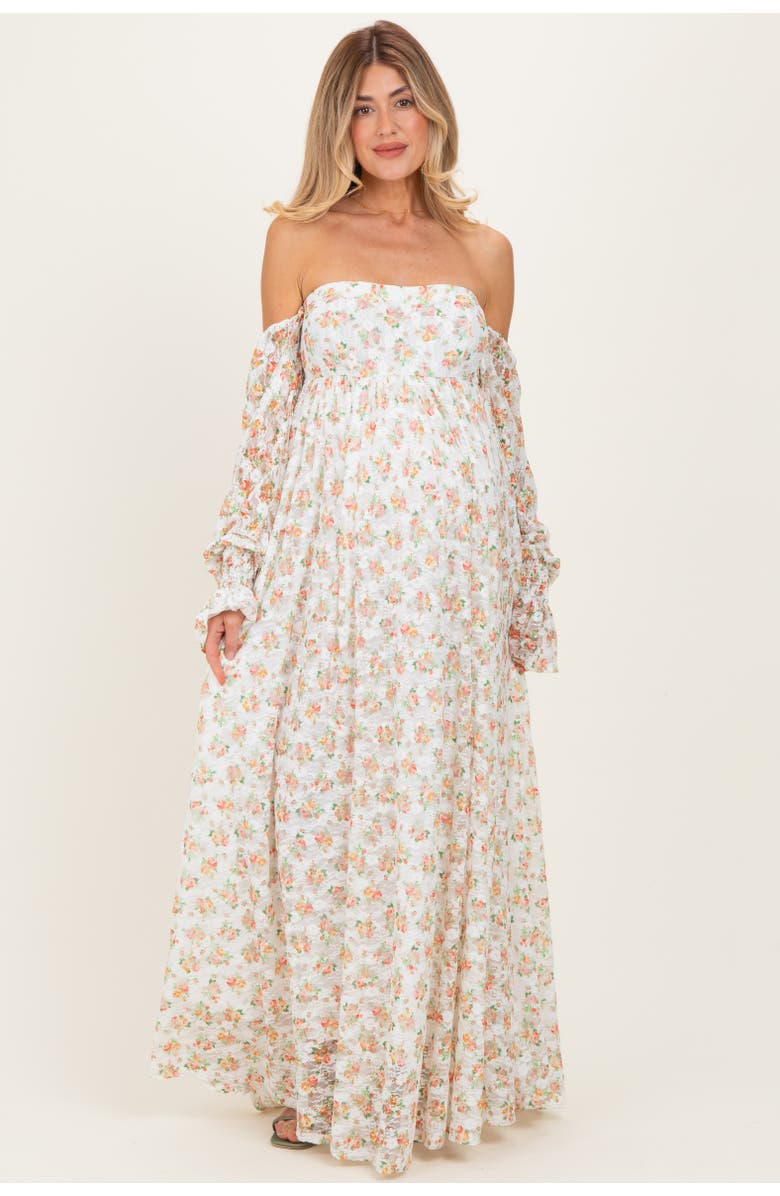 PinkBlush Floral Lace Smocked Long Sleeve Off Shoulder Maxi Dress, Alternate, color, Orange