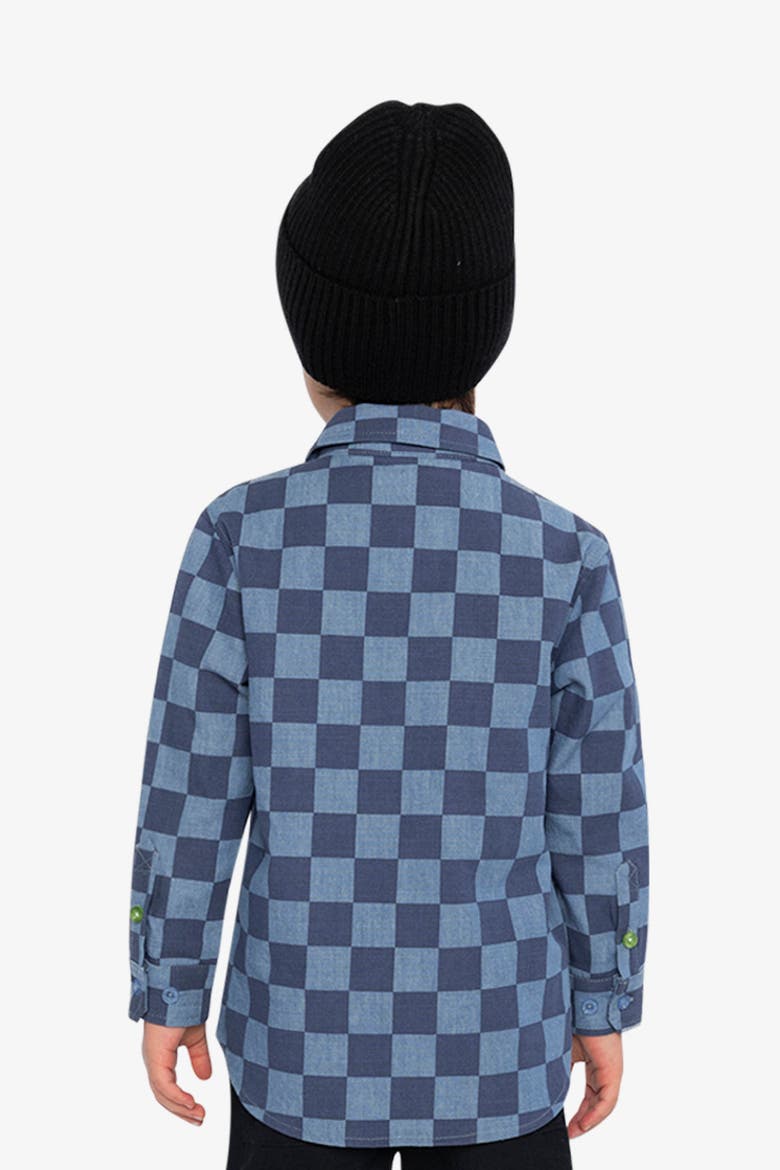 Checkered Dino Embroidered Chest Pocket Chambray Shirt, Alternate, color, Blue Checkered Print