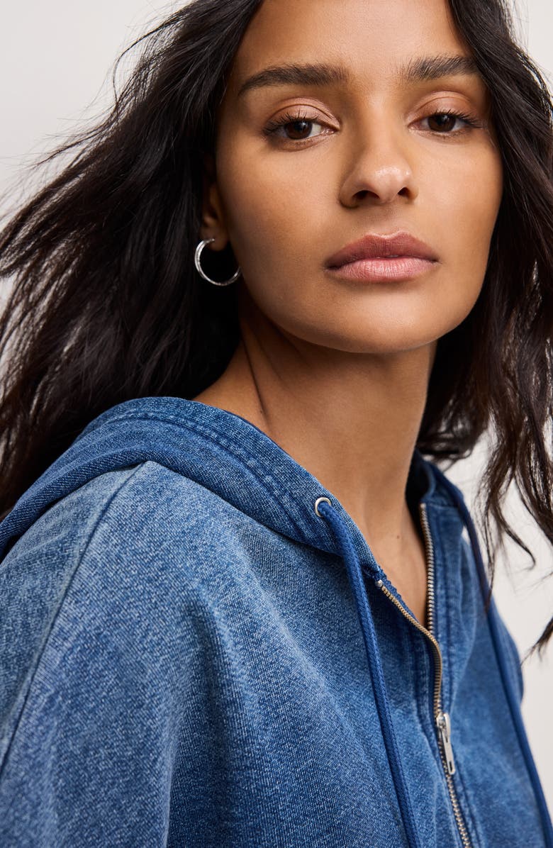 Good American Jeanius Crop French Terry Zip Hoodie, Alternate, color, Indigo900