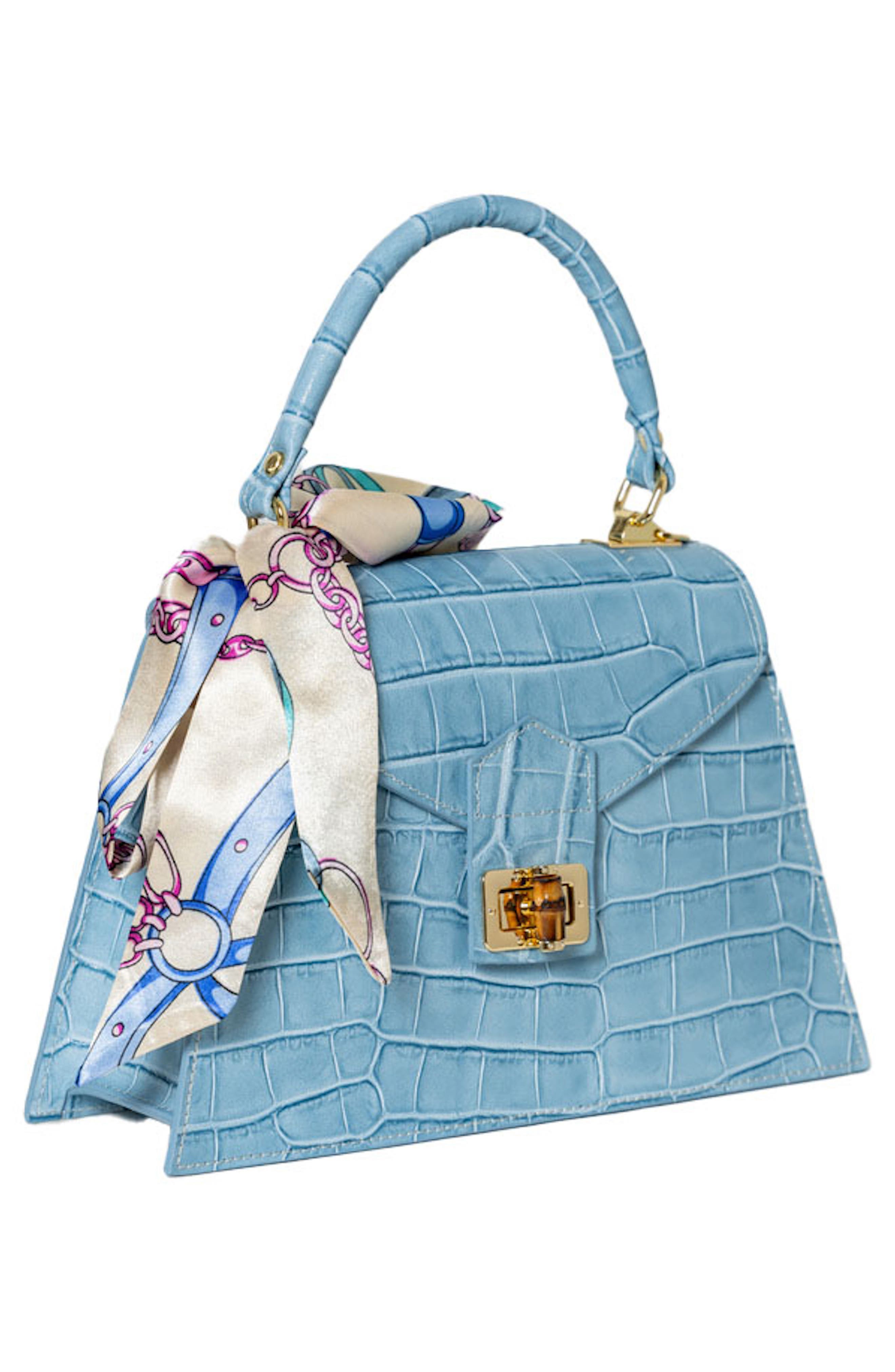 Marta Croc Embossed Satchel with Scarf, Alternate, color, BLUE