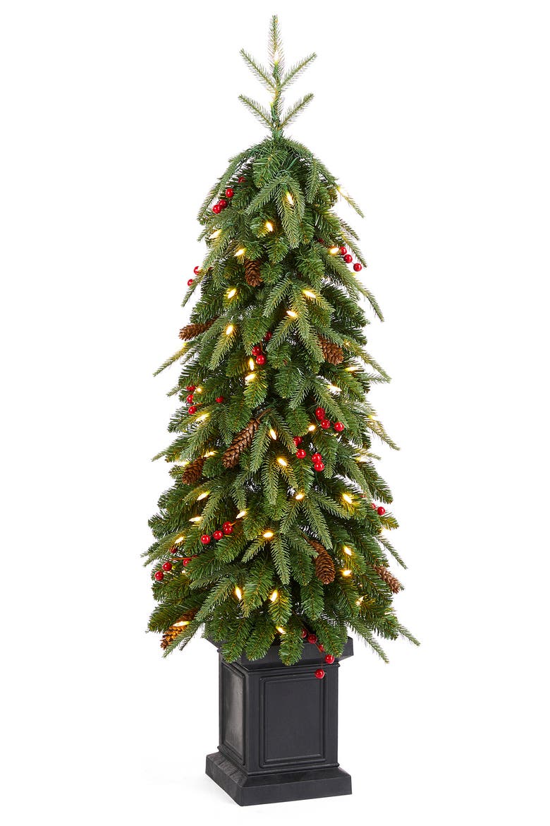 4ft Pre-lit Artificial Christmas Porch Tree with 100 Warm White Lights, Main, color, Green