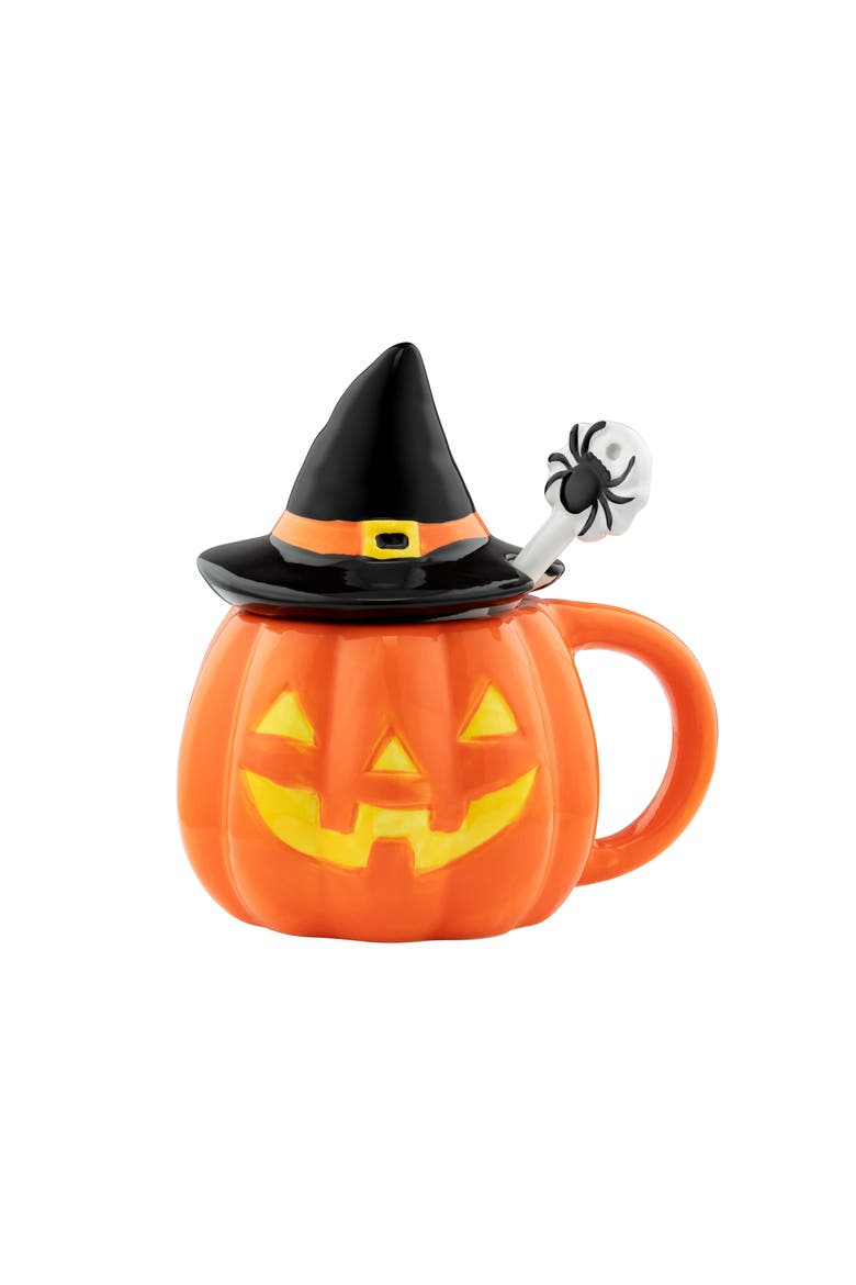 18 oz. Jack-O-Lantern Lidded Mug with Spoon, Main, color, Orange