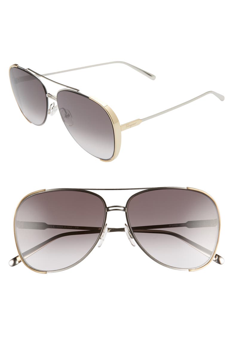 Salvatore Ferragamo 62mm Aviator Sunglasses, Main, color, PALLADIUM/ GOLD