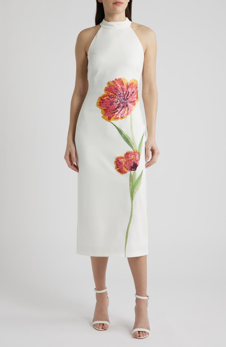 Vince Camuto Sequin Flower Midi Dress, Main, color, Ivory