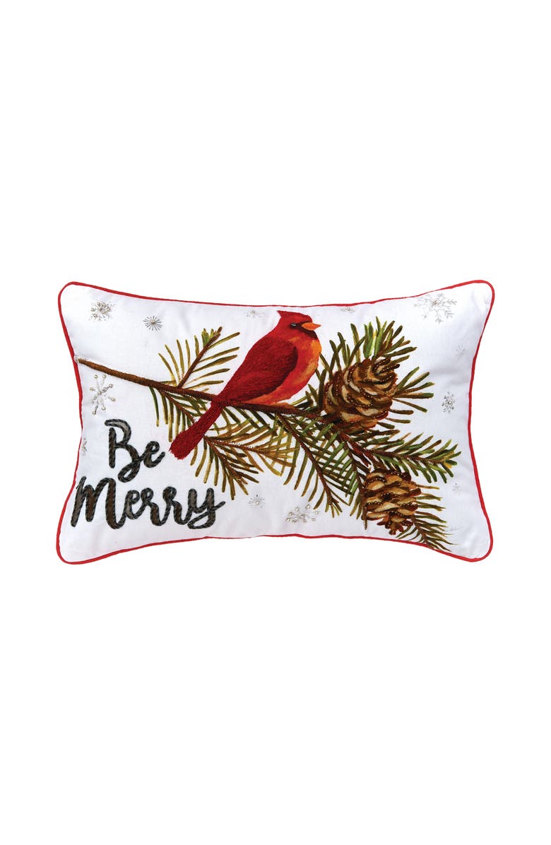C&F Home "Be Merry" Christmas Cardinal 100% Cotton Blend Embroidered Accent Pillow 14" x 22", Main, color, Red