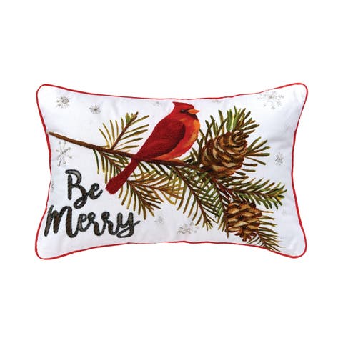 "Be Merry" Christmas Cardinal 100% Cotton Blend Embroidered Accent Pillow 14" x 22"