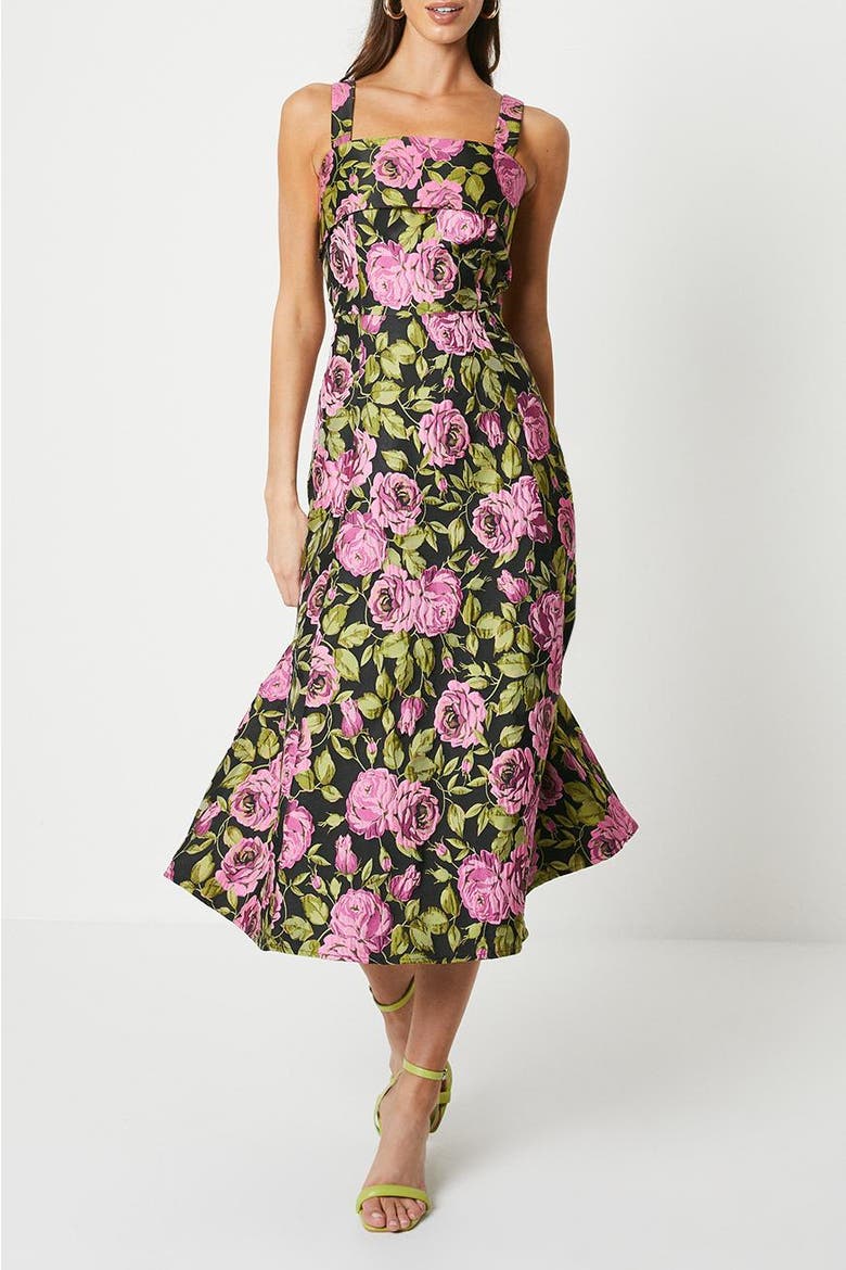 Wide Strap Jacquard Midi Dress, Alternate, color, Black