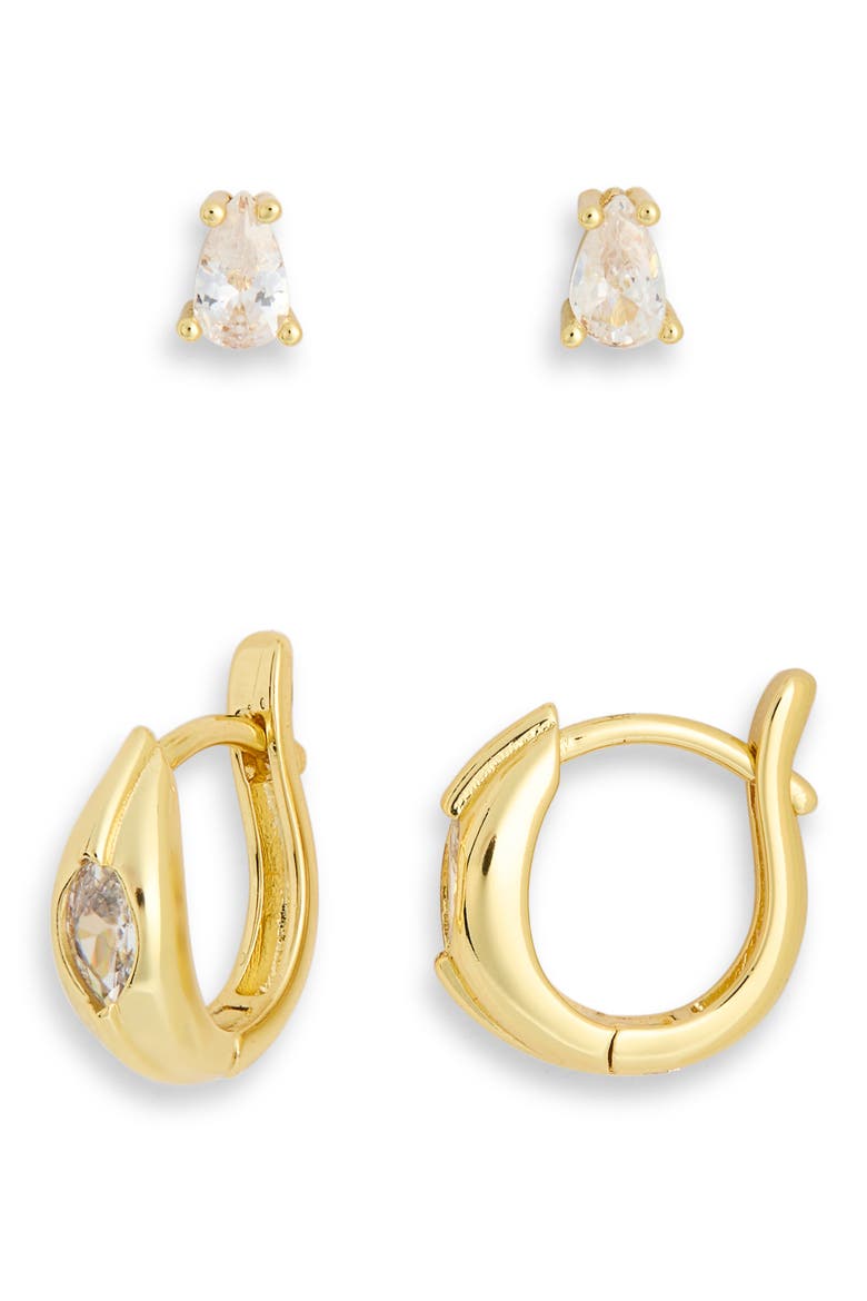 Set of 2 Demi Fine Cubic Zirconia Stud & Huggie Hoop Earrings, Main, color, CLEAR- GOLD
