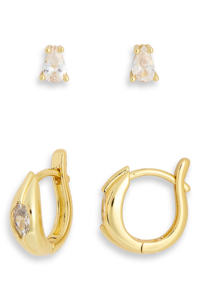 NORDSTROM RACK Set of 2 Demi Fine Cubic Zirconia Stud & Huggie Hoop Earrings, Main, color, Clear- Gold