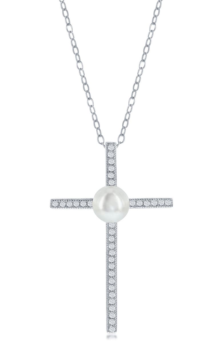 SIMONA Sterling Silver Peal & CZ Cross Necklace, Main, color,