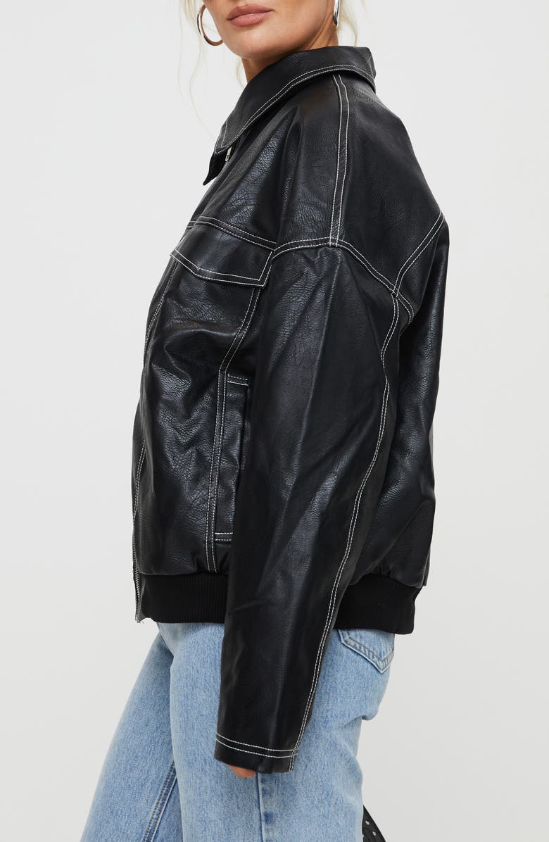 Princess Polly Kingley Oversize Faux Leather Bomber Jacket, Alternate, color, Black
