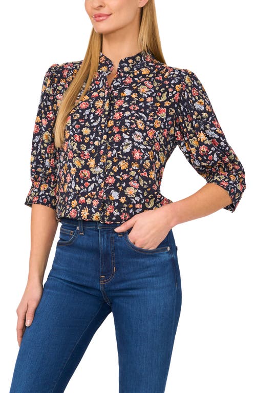 CeCe Printed Button-Up Shirt in Classic Navy 