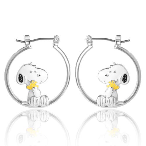 Peanuts Snoopy Hugging Woodstock Enamel Hoop Earrings In Metallic