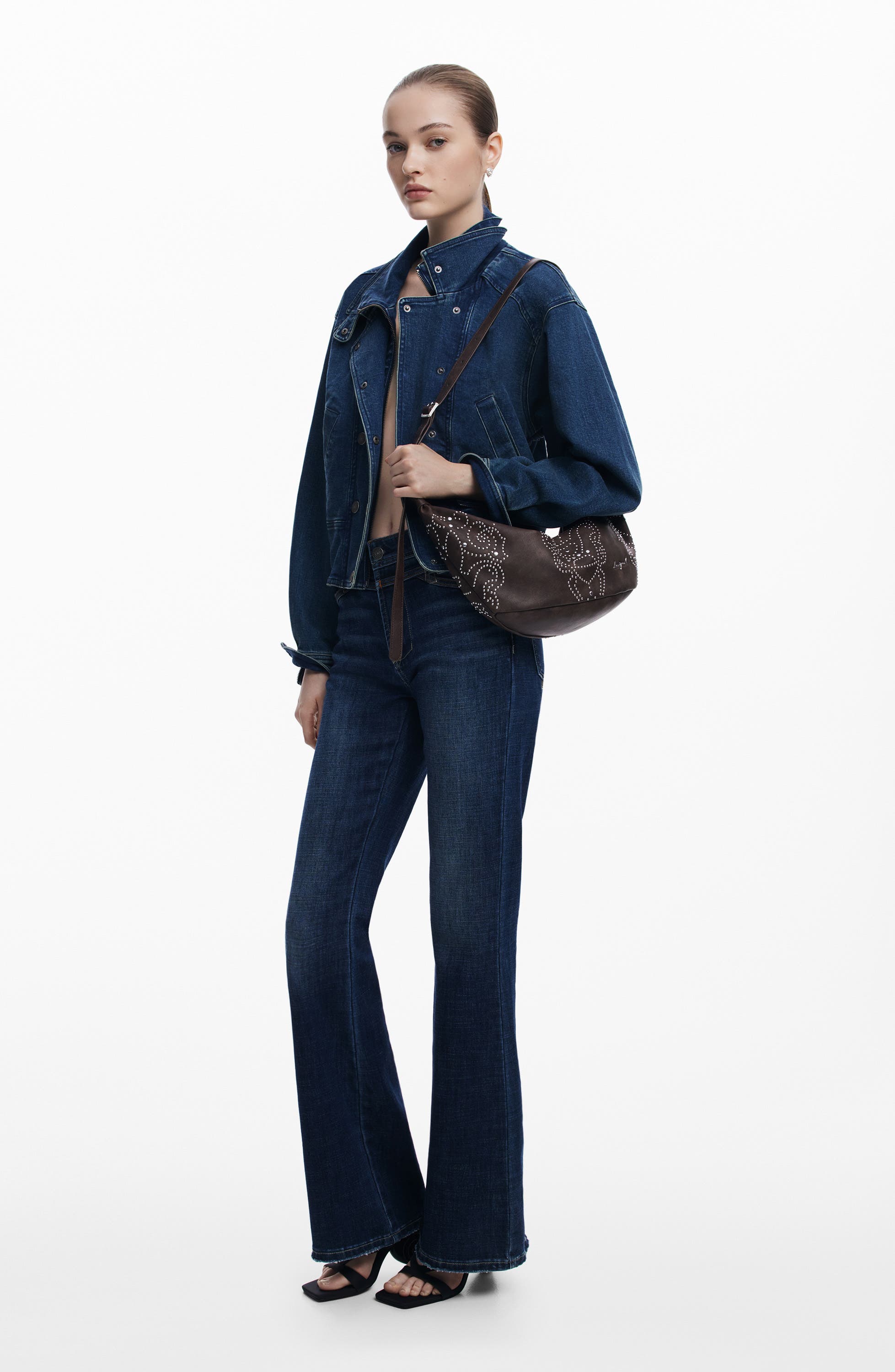 Desigual Studded Faux Leather Shoulder Bag, Alternate, color, Dark Brown