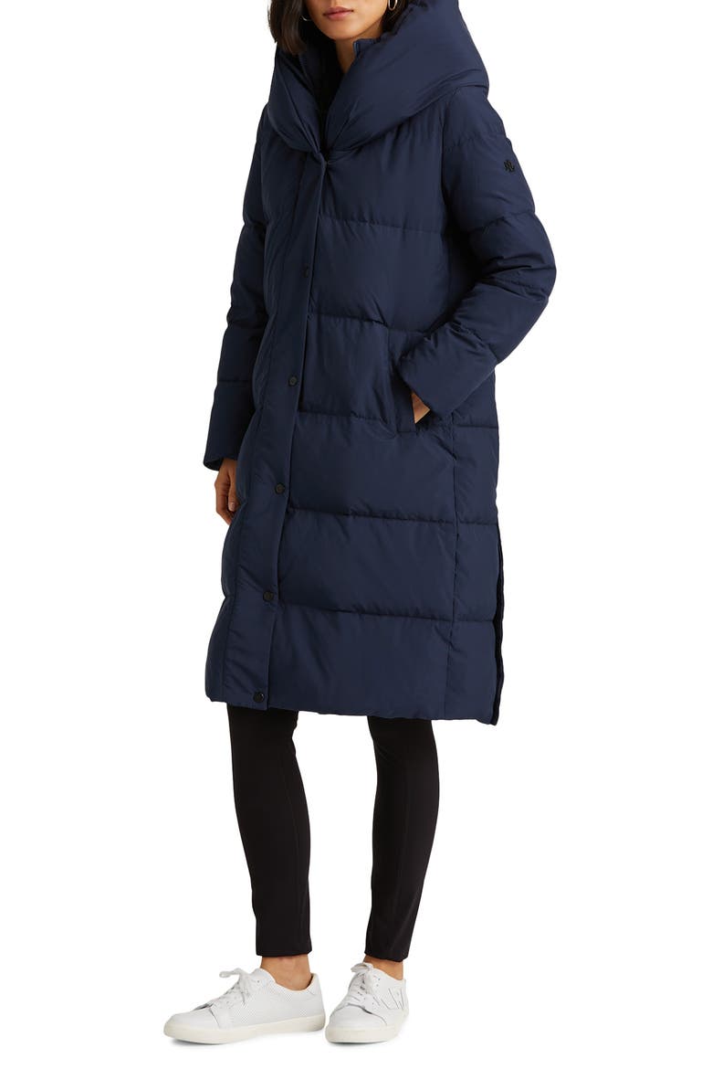 Pillow Hood Longline Down & Feather Jacket, Main, color, NAVY