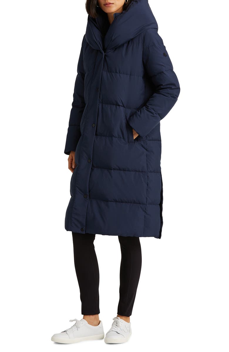 Lauren Ralph Lauren Pillow Hood Longline Down & Feather Jacket, Main, color, Navy