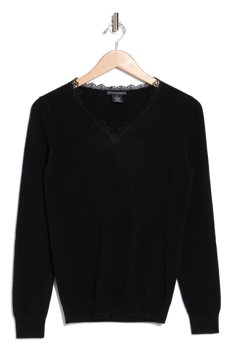 Lace Trim V-Neck Cashmere Sweater, Alternate, color, BLACK
