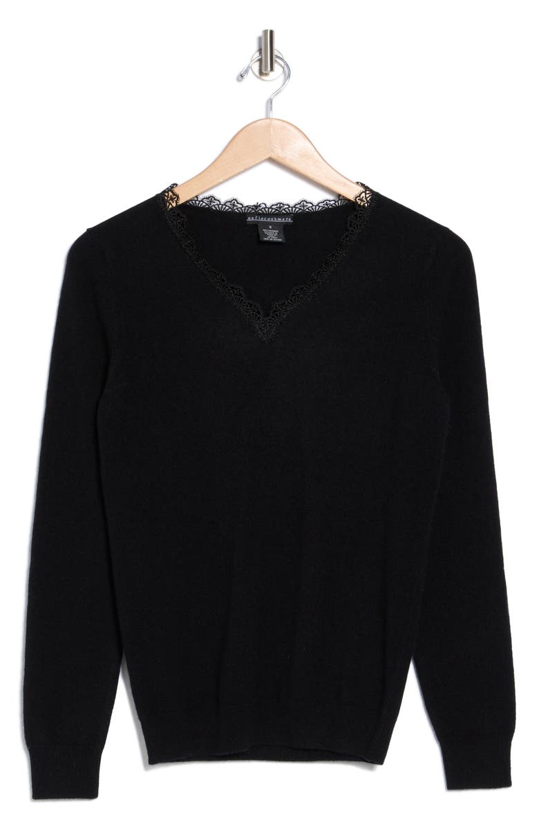 Sofia Cashmere Lace Trim V-Neck Cashmere Sweater, Alternate, color,