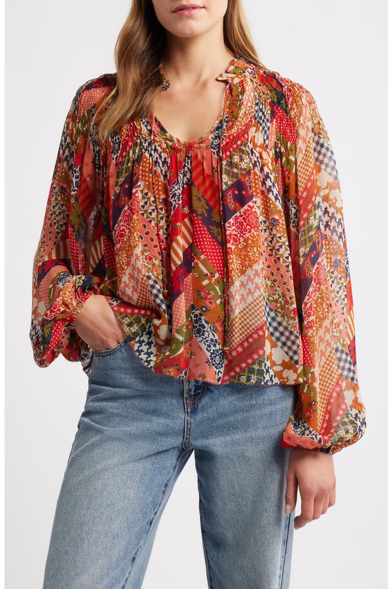 Meredith Smocked Top, Main, color, PATCHWORK HERRINGBONE PRINT