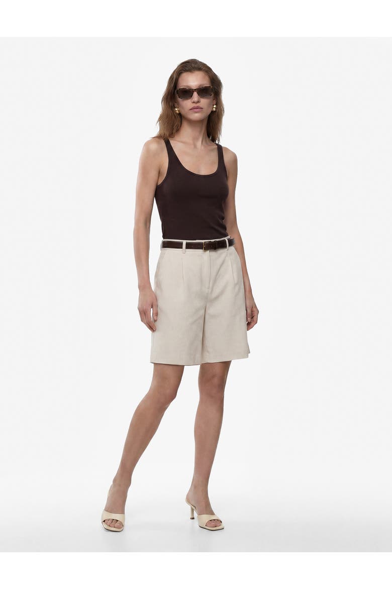 Linen Blend Pleated Mid-Rise Tailored Shorts with Belt, Alternate, color, BEIGE