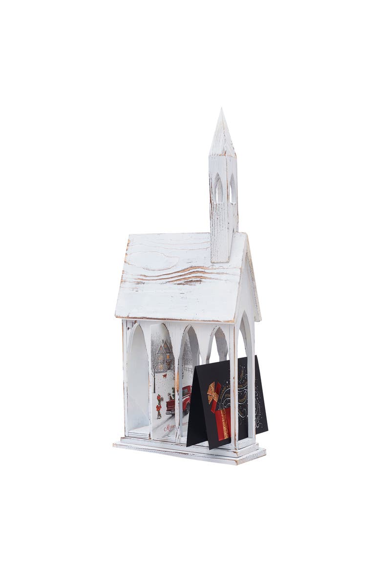 White Church Chapel Large Christmas Card Distressed Wood Mail Holder 11" x 24", Alternate, color, Off-White