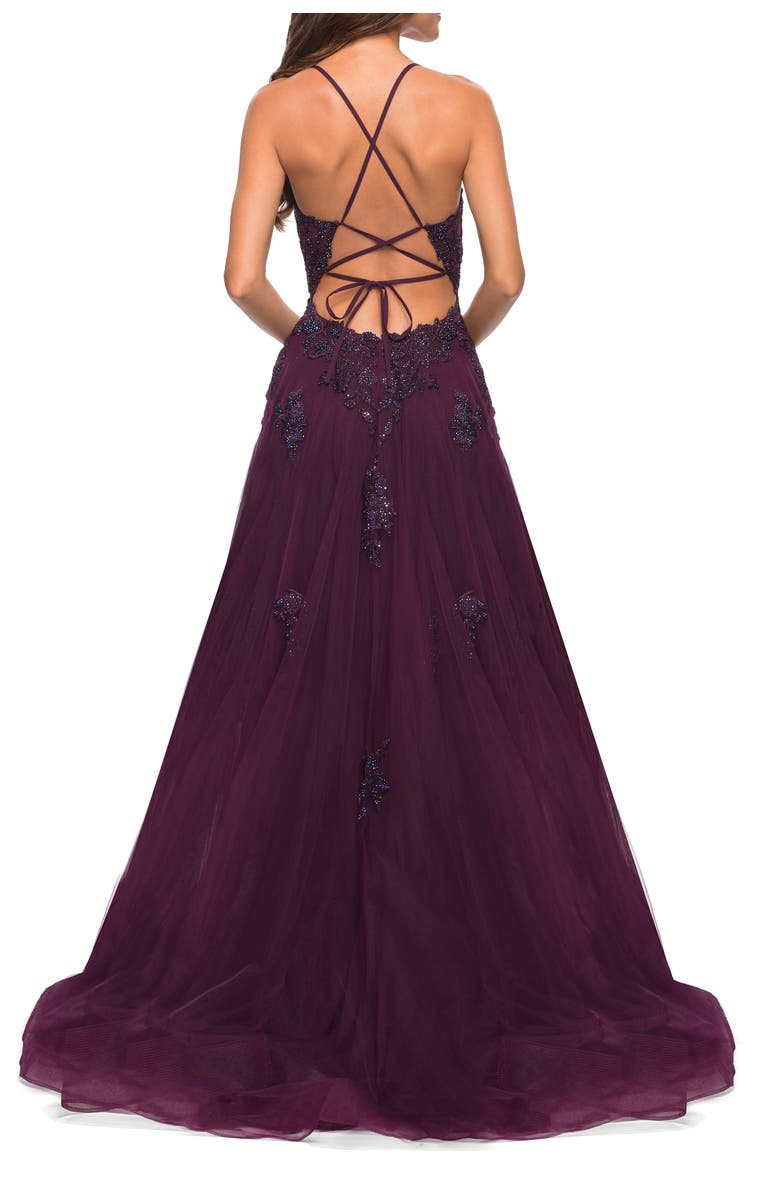 La Femme Tulle A-line Dress with Jeweled Lace Appliques, Alternate, color, Dark Berry