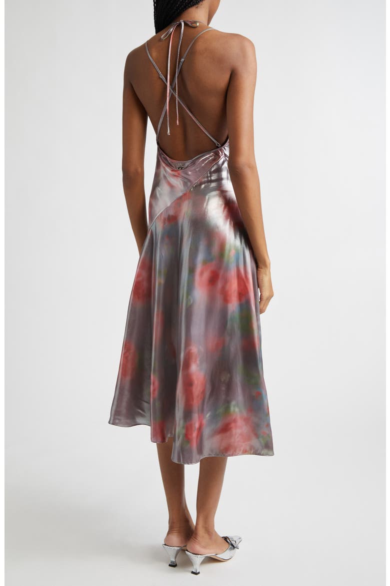 D-Ebra Halter Foiled Georgette Midi Dress, Alternate, color, BORDEAUX