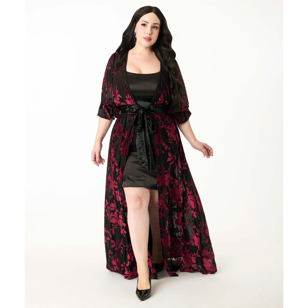 Unique Vintage Plus Size Floral Velvet Burnout Duster In Black