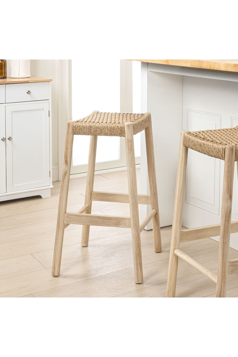 Armati Coastal Wood Backless Indoor/Outdoor Counter Stool, with Woven Synthetic Rattan Seat for Kitchen or Patio, Alternate, color, Natural Finish -29.5"