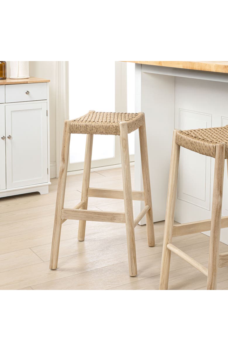 JONATHAN Y Armati Coastal Casual Handcrafted Teak Wood Backless Indoor/Outdoor Counter Stool with Synthetic Woven Seat, Alternate, color, Natural Finish -29.5"