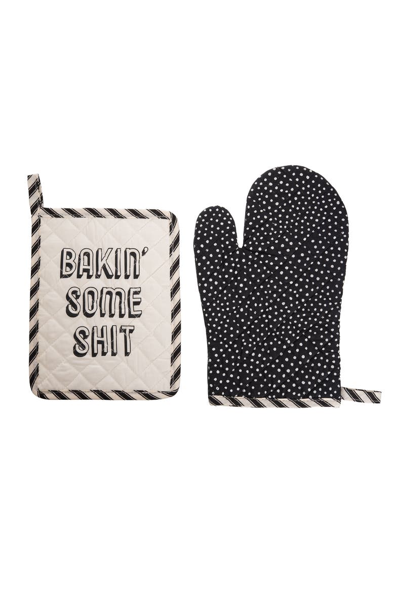 Bakin' Pot Holder & Oven Mitt Set of 2 Cotton Black, Main, color, Black