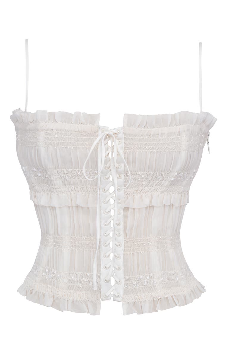 HOUSE OF CB Lula Shirred 
Smocked Sequin Lace-Up Corset Top, Alternate, color, Ivory