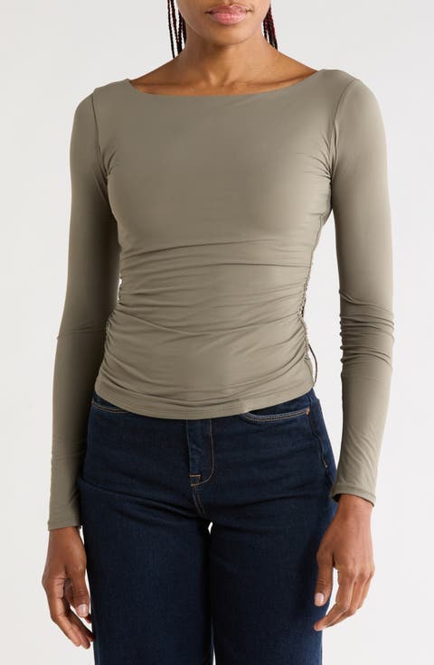 Boat Neck Long Sleeve Ruched Top