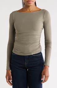 Leith Boat Neck Long Sleeve Ruched Top