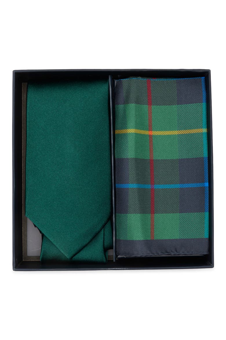 Solid Tie & Tartan Pocket Square Set, Main, color, HUNTER