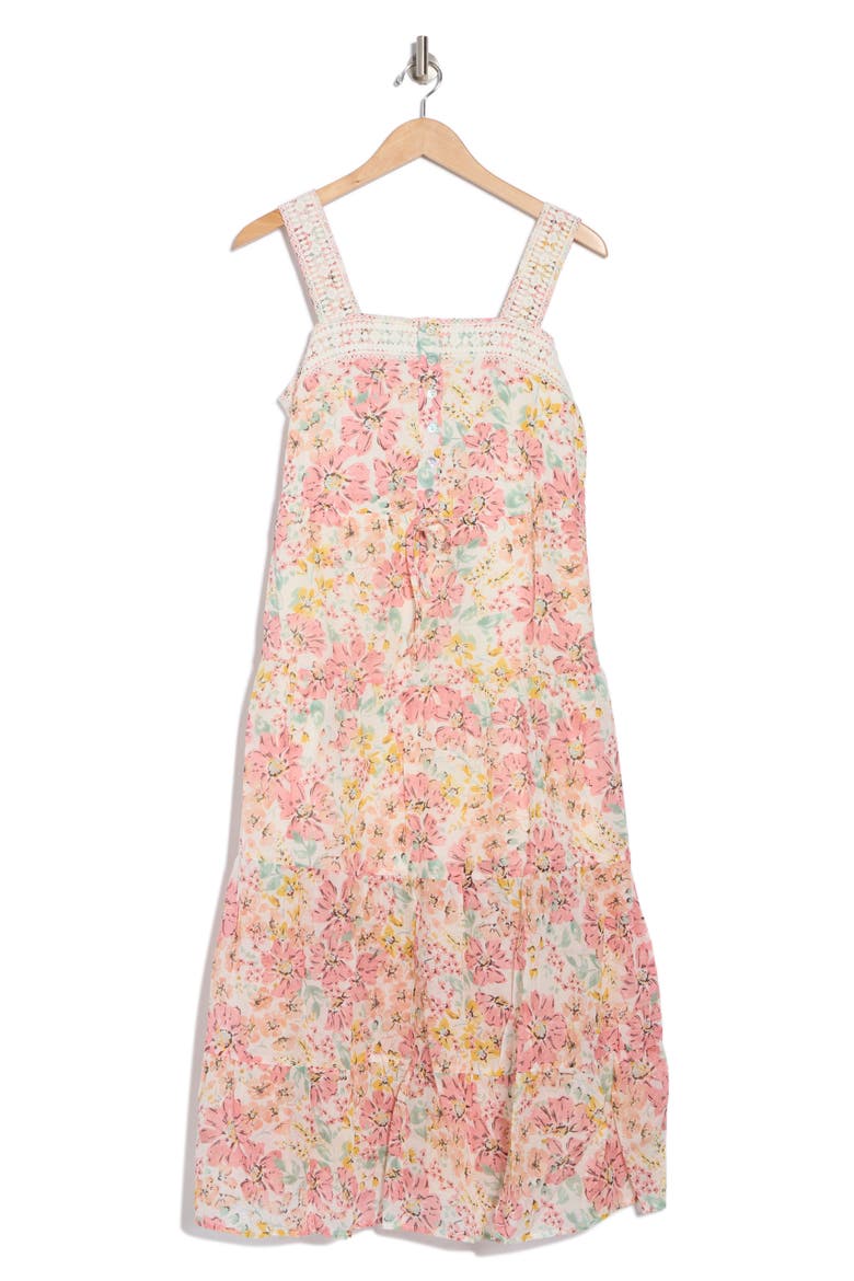 Floral Cotton Tiered Midi Dress, Alternate, color, NATURAL/ PEACH BLOSSOM