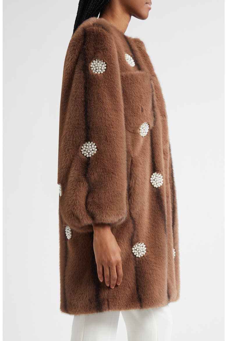 Faux Pearl & Crystal Detail Faux Fur Coat, Alternate, color, TAUPE