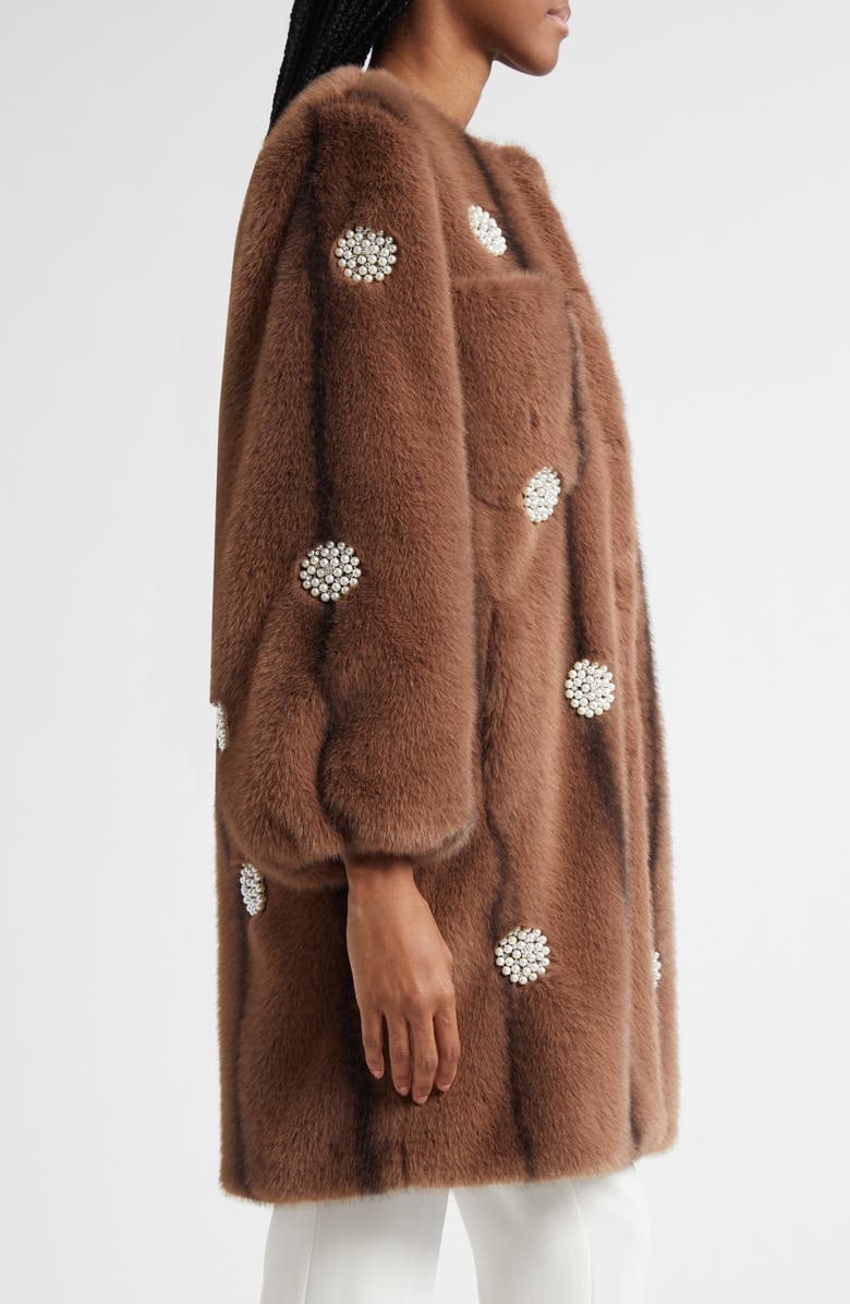 Cinq à Sept Faux Pearl & Crystal Detail Faux Fur Coat, Alternate, color,