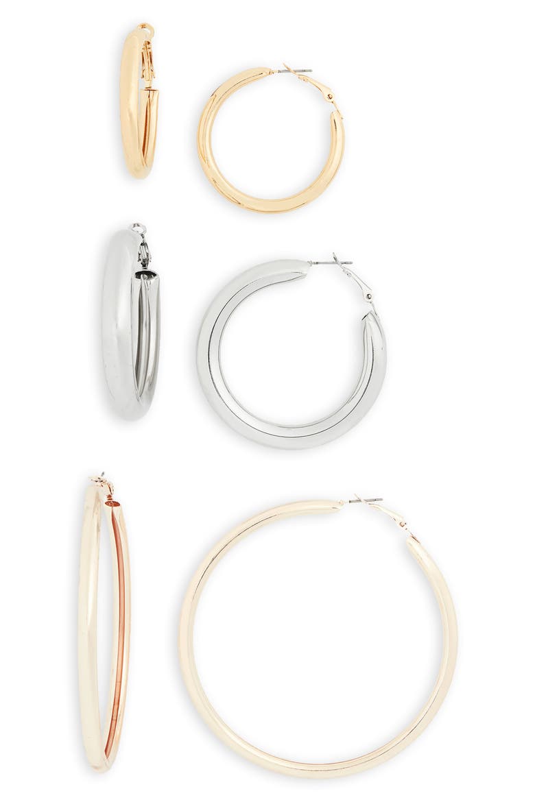 3-Pack Hoop Earrings, Main, color, GOLD- RHODIUM