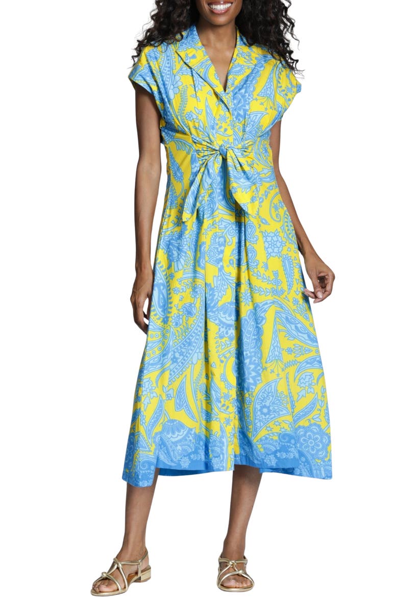 Paisley Print Tie Front A-Line Dress, Main, color, YELLOW MULTI
