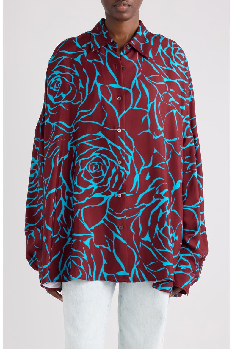 Casia Giant Couture Rose Print Satin Button-Up Shirt, Main, color, BURGUNDY
