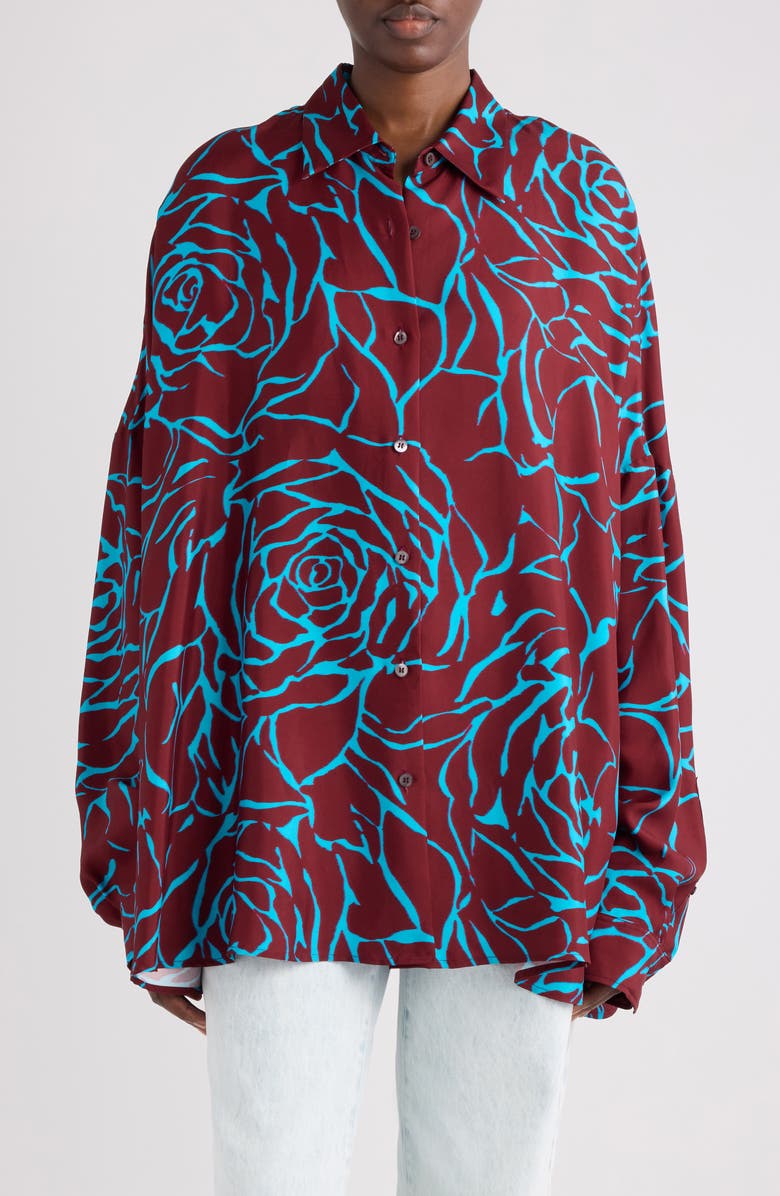 Dries Van Noten Casia Giant Couture Rose Print Satin Button-Up Shirt, Main, color, Burgundy