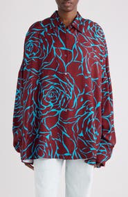 Dries Van Noten Casia Giant Couture Rose Print Satin Button-Up Shirt