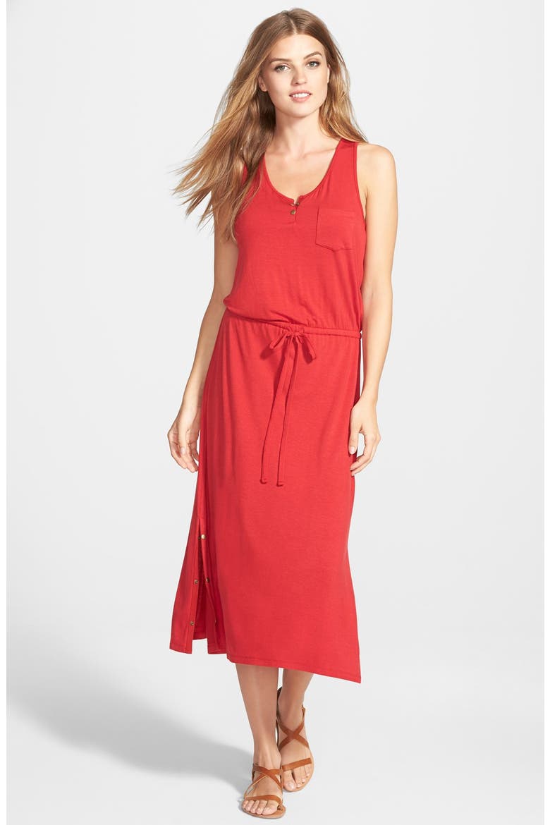 Snap Detail Drawstring Waist Midi Dress, Main, color, RED CHILI
